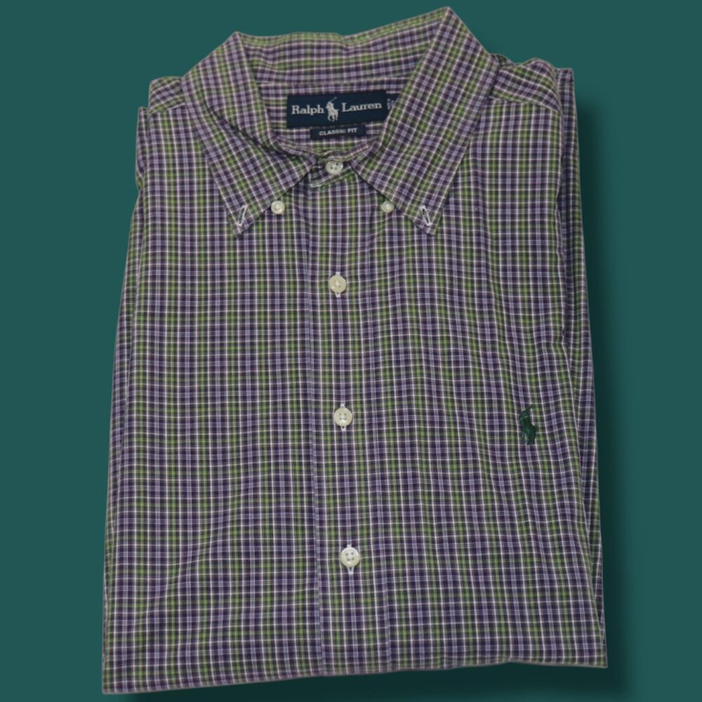 Ralph Lauren Mens Classic Fit Oxford Shirt Purple Green Multicolor Pattern Size